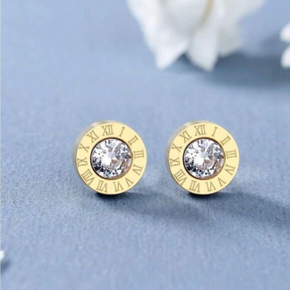 Gold Plated Stainless Steel Rhinestone Roman Number Stud Rhinestone Earrings
